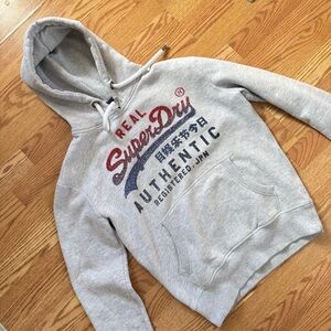 Superdry Light Gray Hoodie with Red & Blue Chest Logo